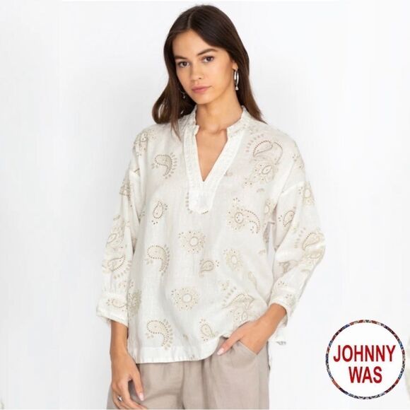 Johnny Was **NWT** Skyler Linen Top In Antique White With Mock Collar - Picture 9 of 11
